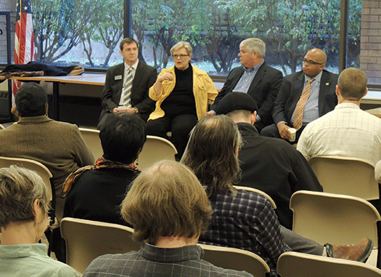College officials, left to right, William Woodward, Donna Dare, Kent Kay and Rod Nunn answer questions at a Campus Chat. (Photo by Evan Sandel)