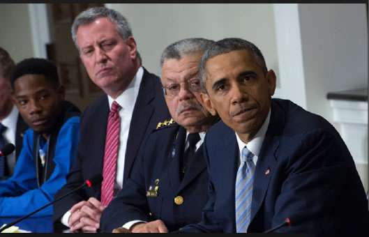 Left to right, Forest Park student Rasheen Aldridge, New York City Mayor Bill de Blasio, Philadelphia Chief of Police Charles Ramsey and President Barack Obama discuss police brutality and other issues in Washingtion. (Provided photo)