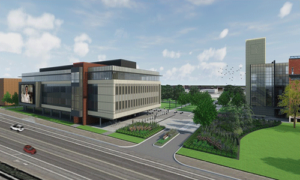 The new Center for Nursing and Health Sciences is shown facing Oakland Avenue in this artist’s rendering. (KAI)