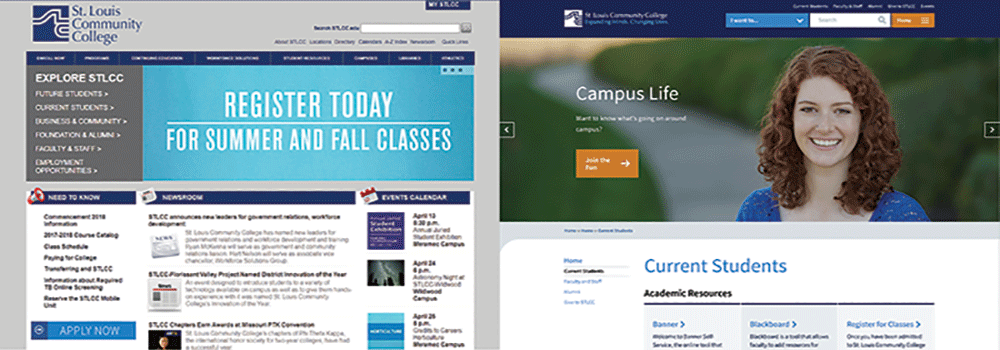 Images of the old homepage at STLCC.edu, left, and the new one.