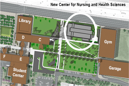 The new Center for Nursing and Health Sciences is circled in this artist’s rendering showing what the Forest Park campus will look like after A and B towers have been demolished. (Illustration by Brian Ruth / KAI rendering)