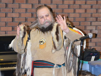Jim Two Crows Wallen spoke at Forest Park about the art of storytelling. (Photo by Scott Allen)
