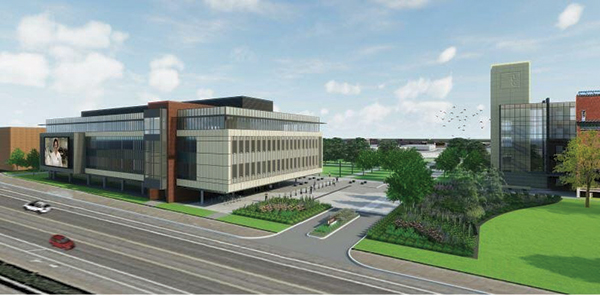 An artist’s rendering of the new Nursing and Health Sciences Building, looking south from Oakland Avenue. (KAI Design & Build)