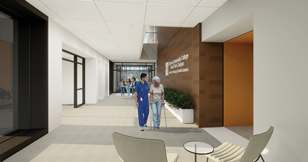 An artist’s rendering of the first-floor lobby of the new Nursing and Health Sciences Building. (An artist’s rendering of the first-floor lobby of the new Nursing and Health Sciences Building. (KAI Design & Build)