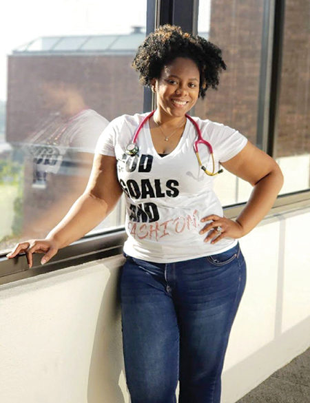 Respiratory care major Jennifer Nichole Williams, 29, poses in the fourth floor corridor between D and E towers. (Provided photo)