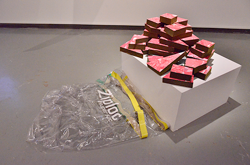 “Meat Puzzle,” above, began as performance art and is now on display at The Gallery of Contemporary Art; business administration major Eric Harris, 23, below left, stands in the middle of “Revolutionary Circle 2.” (Photo by Maurice Foxworth)