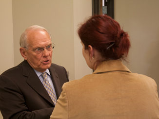 Candidate Dennis Michaelis chats with Ame Mead-Roach, dean of humanities and social sciences. (Photo by Evan Sandel)