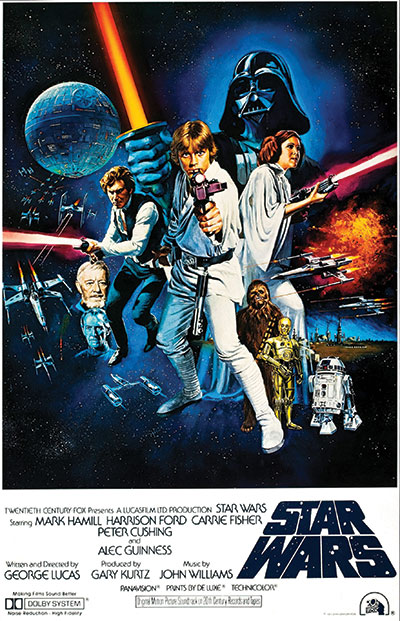 The original “Star Wars” poster from 1977, featuring Mark Hamill, center, as Luke Skywalker, Harrison Ford, left, as Han Solo and Carrie Fisher, right, as Princess Leia. 