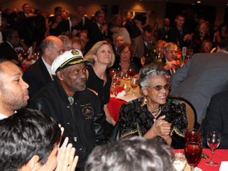 Chuck Berry, center, and his wife, Themetta Berry, watch Billy Peek’s tribute at the Arts and Education Council of Greater St. Louis event. (Photo by Michelle McIntosh)