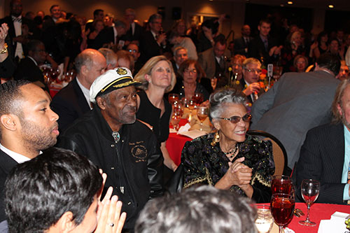 Chuck Berry, center, and his wife, Themetta Berry, watch Billy Peek’s tribute at the Arts and Education Council of Greater St. Louis event. (Photo by Michelle McIntosh)