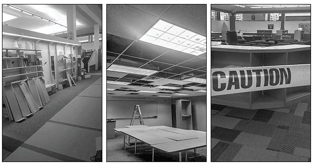  Scenes from the flooded library building include, from left, empty shelves where reference books were soaked; ceiling tiles that were damaged; and chairs grouped behind caution tape next to the main desk.(Photos by Angelica Woods) 