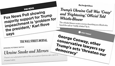 An assortment of headlines from national media covering the controversy involving President Donald Trump and his request for Ukraine to investigate former Vice President Joe Biden. (Photo illustration by Fred Ortlip)