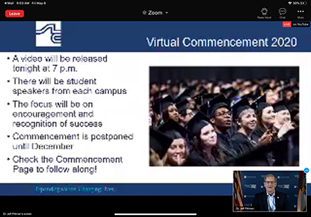 St. Louis Community College Chancellor Jeff Pittman appears in the lower right-hand corner of the computer screen during his second "virtual town hall" with faculty members.