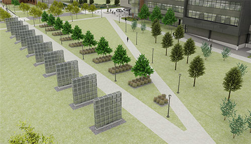 This computer rendering shows Forest Park’s new quad, including a “Light Walls” sculpture and trees lining a concrete walkway and the “Weathered Venus” sculpture at the southwest corner of the Center for Nursing and Health Sciences.(Gateway Foundation)