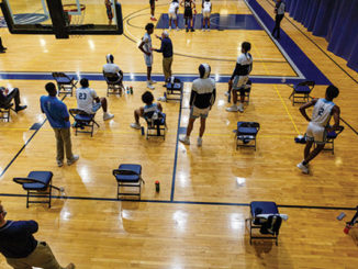 The bench of the STLCC men’s basketball team in the Forest Park gym, where social-distance seating is practiced.