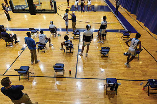 The bench of the STLCC men’s basketball team in the Forest Park gym, where social-distance seating is practiced. 